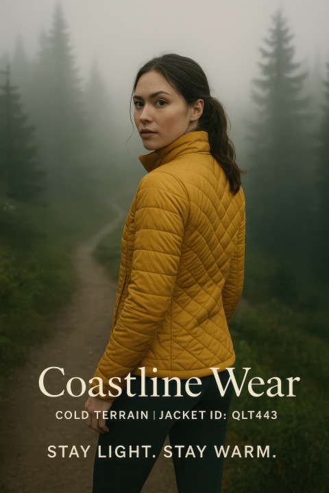 Woman in mustard quilted jacket with leggings on misty forest hill trail turning head for eye contact calm winter hike clothing brands chat gpt prompts Woman in mustard quilted jacket with leggings on misty forest hill trail turning head for eye contact calm winter hike clothing brands chat gpt prompts