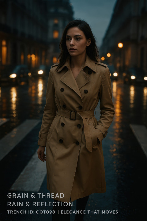 Woman in beige trench coat walks across wet city crosswalk at dusk with glowing reflections and moody sky lights Woman in beige trench coat walks across wet city crosswalk at dusk with glowing reflections and moody sky lights