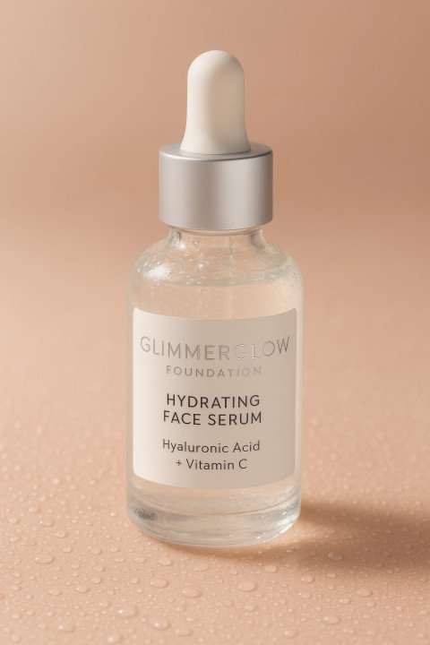 Clear glass serum bottle with white label on dewy nude pink skin backdrop Clear glass serum bottle with white label on dewy nude pink skin backdrop