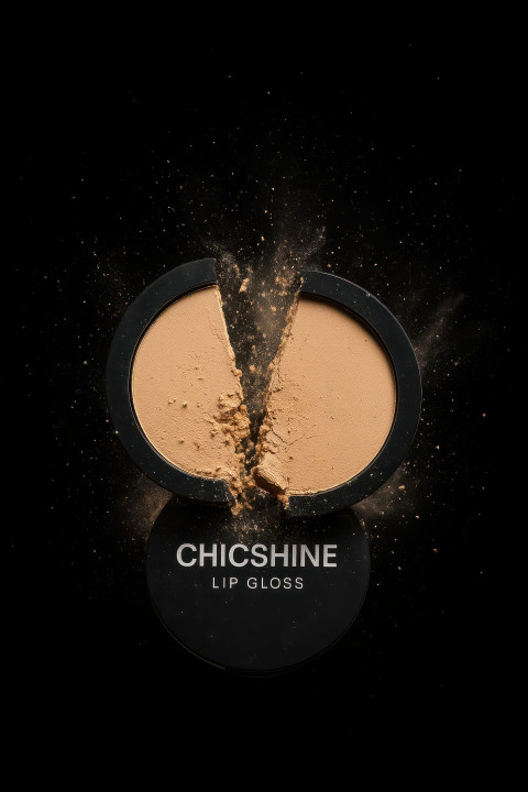 Compact powder breaking mid air with dust particles frozen in motion Compact powder breaking mid air with dust particles frozen in motion