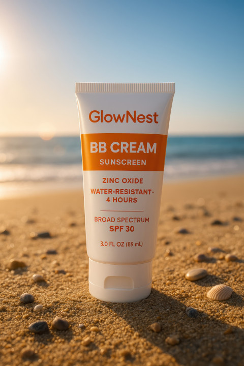 White sunscreen cream tube standing on sandy beach with seashells and pebbles under golden sunlight White sunscreen cream tube standing on sandy beach with seashells and pebbles under golden sunlight