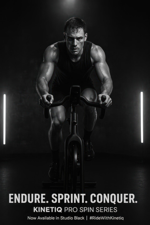Focused man riding spin bike in dark cycling studio with dramatic spotlight and sweat Focused man riding spin bike in dark cycling studio with dramatic spotlight and sweat