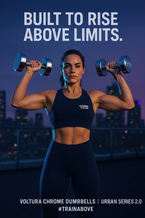 Confident woman lifting dumbbells on rooftop gym at dusk with city skyline behind her Confident woman lifting dumbbells on rooftop gym at dusk with city skyline behind her