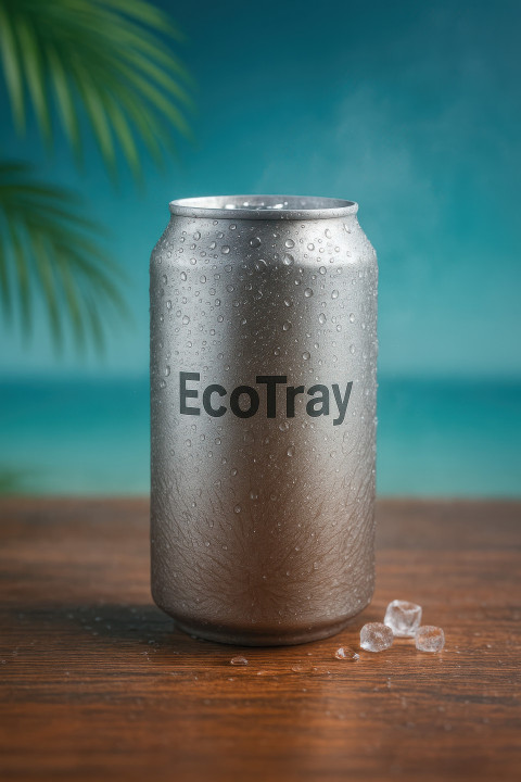 Sleek chilled aluminum drink can with condensation