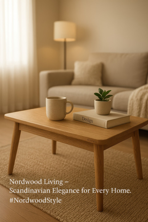 Wooden coffee table in a cozy living room with soft sunlight Wooden coffee table in a cozy living room with soft sunlight