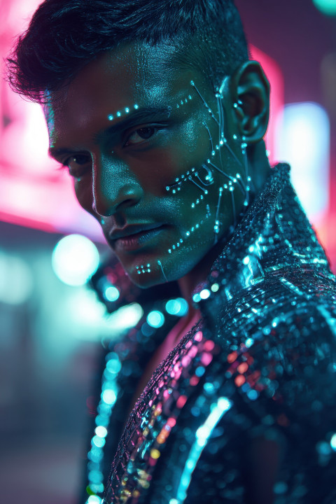 Man with cyber eyes walks neon street through puddles and holograms in glowing coat Man with cyber eyes walks neon street through puddles and holograms in glowing coat