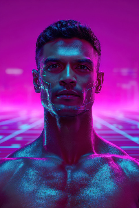 Model with circuit beard strides neon crosswalk in magenta-cyan city lights Model with circuit beard strides neon crosswalk in magenta-cyan city lights