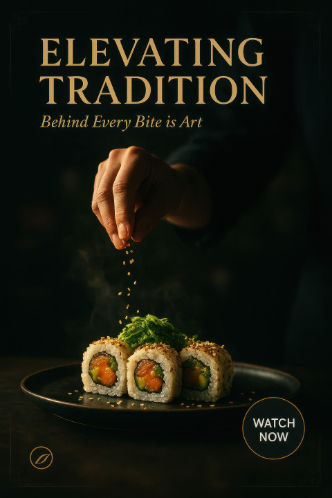 Elegant chef garnishing sushi rolls with sesame seeds mid air Elegant chef garnishing sushi rolls with sesame seeds mid air