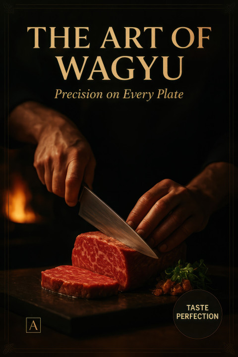 Skilled chef slicing Wagyu beef with knife mid motion Skilled chef slicing Wagyu beef with knife mid motion