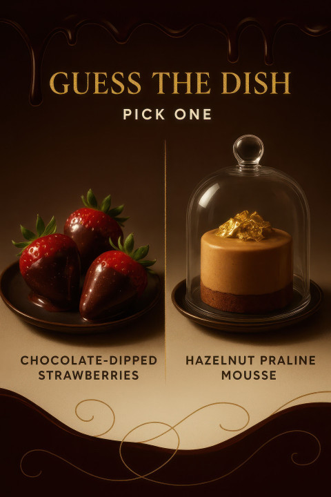Chocolate dipped strawberries with shimmer beside hazelnut praline mousse dome with gold leaf in indulgent duel Guess the Dish Prompt for ChatGPT Image Chocolate dipped strawberries with shimmer beside hazelnut praline mousse dome with gold leaf in indulgent duel Guess the Dish Prompt for ChatGPT Image