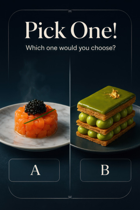 Smoked salmon tartare with caviar pearls beside pistachio mille feuille with gold leaf in luxury food duel Guess the Dish Prompt for ChatGPT Image Smoked salmon tartare with caviar pearls beside pistachio mille feuille with gold leaf in luxury food duel Guess the Dish Prompt for ChatGPT Image