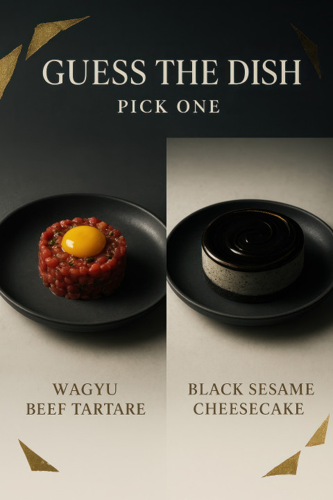 Wagyu beef tartare with quail egg yolk beside black sesame cheesecake with glossy ganache in gourmet duel Guess the Dish Prompt for ChatGPT Image Wagyu beef tartare with quail egg yolk beside black sesame cheesecake with glossy ganache in gourmet duel Guess the Dish Prompt for ChatGPT Image
