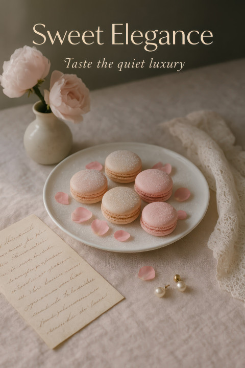 French macarons with sugar dust and rose petals on linen French macarons with sugar dust and rose petals on linen