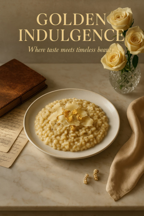 Truffle risotto with parmesan and gold leaf on marble Truffle risotto with parmesan and gold leaf on marble