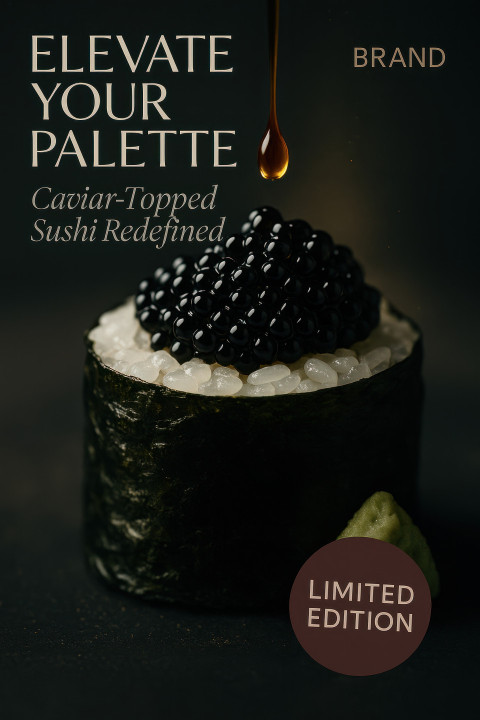 Sushi roll topped with black caviar drizzled in soy glaze Sushi roll topped with black caviar drizzled in soy glaze