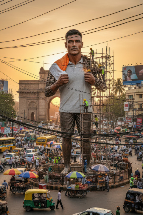 Giant statue ai prompt for google gemini nano banana of indian man with flag across shoulders Giant statue ai prompt for google gemini nano banana of indian man with flag across shoulders