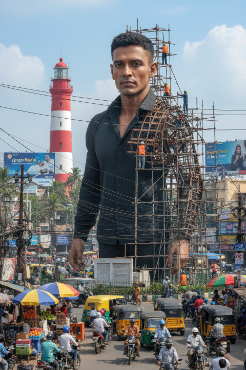 Giant statue ai prompt for google gemini nano banana of mature indian man in black shirt Giant statue ai prompt for google gemini nano banana of mature indian man in black shirt