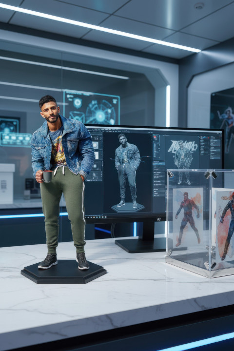 Hyper detailed indian man figurine on hexagonal black base in a futuristic lab Hyper detailed indian man figurine on hexagonal black base in a futuristic lab