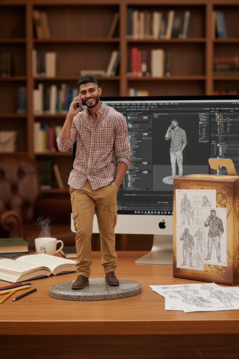 Realistic indian man figurine on oval granite base in a cozy library Realistic indian man figurine on oval granite base in a cozy library