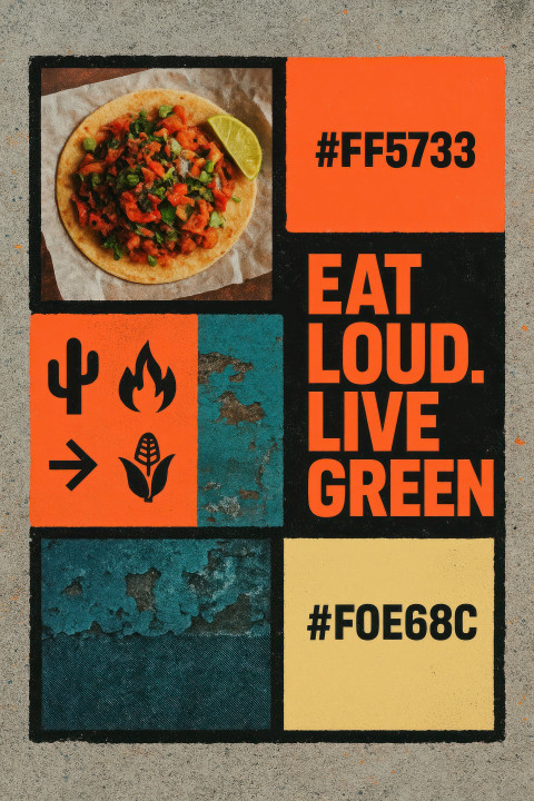Overhead vegan taco with bold neon text Overhead vegan taco with bold neon text
