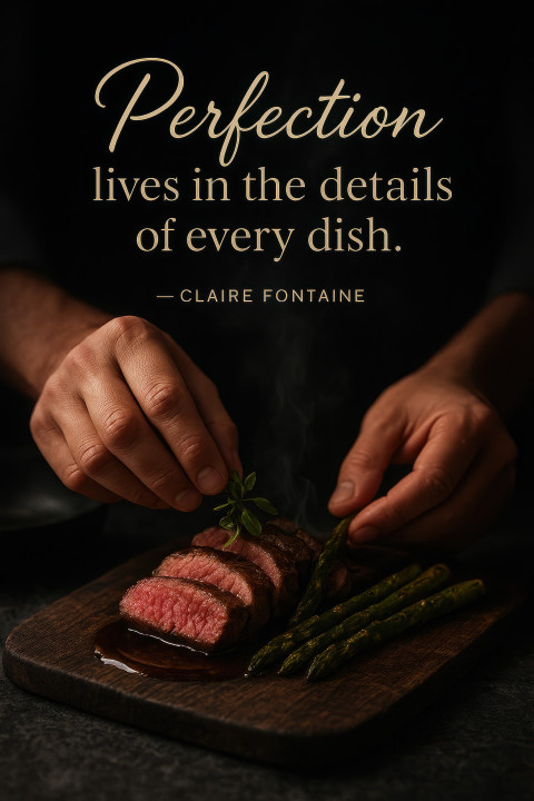 Chef plating wagyu beef with asparagus and demi glace on rustic board Chef plating wagyu beef with asparagus and demi glace on rustic board