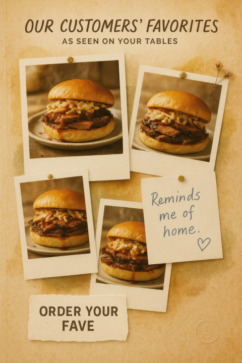 Polaroid style collage of bbq brisket sandwich with peach cobbler Polaroid style collage of bbq brisket sandwich with peach cobbler