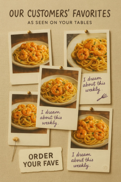 Polaroid style collage of shrimp scampi pasta with cannoli Polaroid style collage of shrimp scampi pasta with cannoli