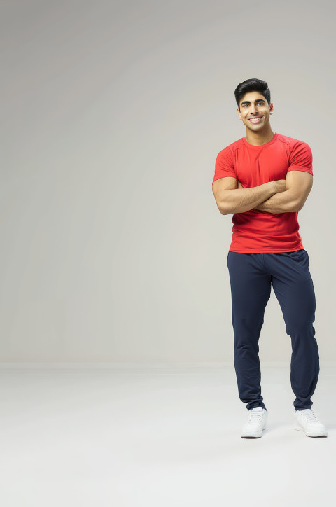 An Indian man posing with his arms crossed on a white background