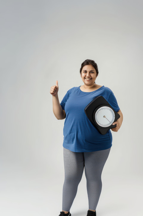 An overweight Indian woman smiling while holding up her weight scale