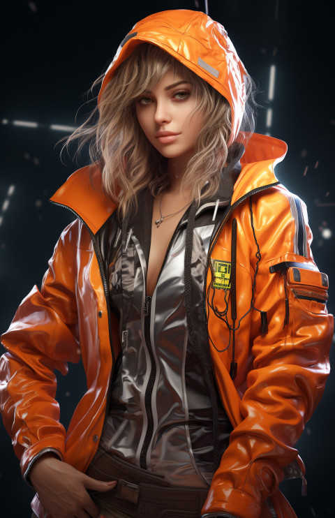 A female character wearing a orange jacket and other clothing