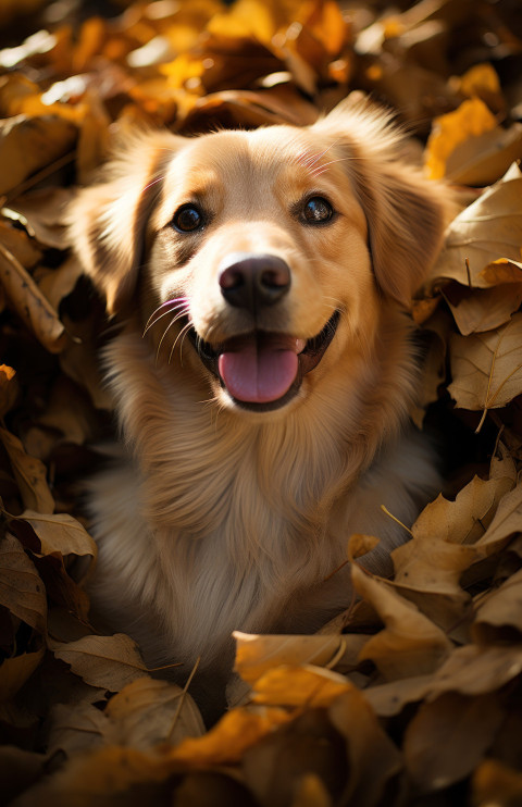 A dog sitting in pile of leaves