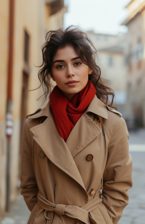 Stylish woman standing on the street wearing trench coat
