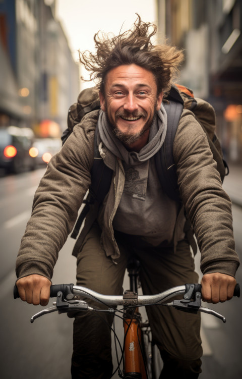 A man enjoys cycling through urban streets