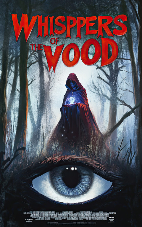 Fantasy movie poster of cloaked figure with glowing orb in moonlit forest Fantasy movie poster of cloaked figure with glowing orb in moonlit forest