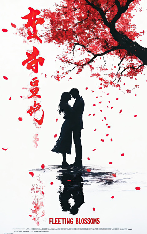 Romance movie poster of couple hugging under cherry tree at dusk with falling petals Romance movie poster of couple hugging under cherry tree at dusk with falling petals