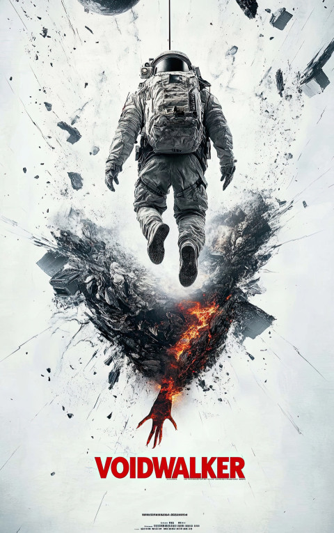 Sci-fi movie poster of astronaut floating over shattered planet Sci-fi movie poster of astronaut floating over shattered planet