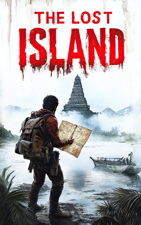 Adventure movie poster of explorer with torn map on broken boat Adventure movie poster of explorer with torn map on broken boat