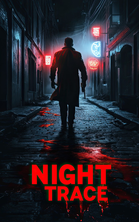Thriller movie poster of detective in neon alley with gun Thriller movie poster of detective in neon alley with gun