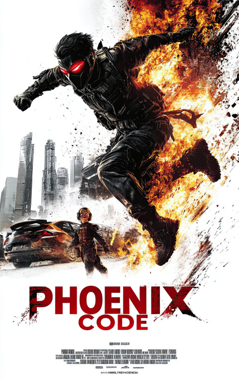 Action movie poster of masked vigilante leaping from fire blast Action movie poster of masked vigilante leaping from fire blast