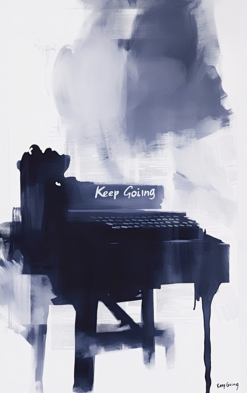 Keep Going in bold letters with typewriter behind Keep Going in bold letters with typewriter behind