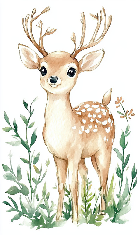 Watercolor of a deer with antlers in full height Watercolor of a deer with antlers in full height