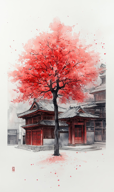Watercolor of full cherry blossom tree in bloom Watercolor of full cherry blossom tree in bloom