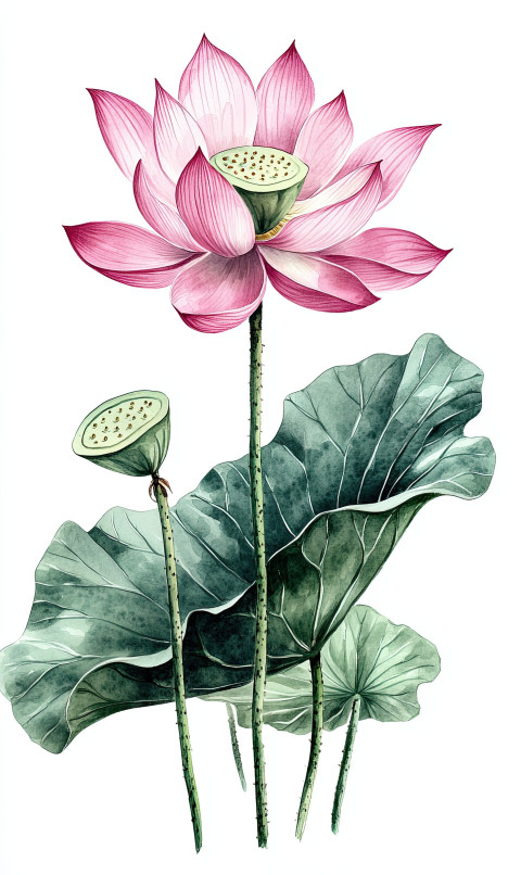 Delicate watercolor of tall lotus flower in bloom Delicate watercolor of tall lotus flower in bloom