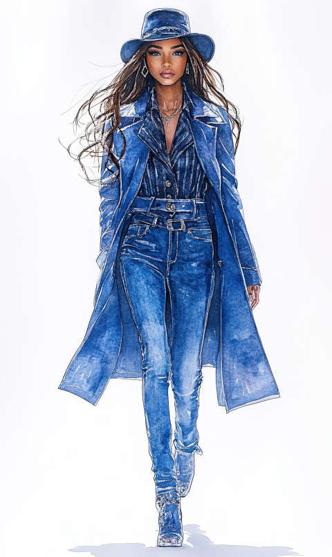Full-height sketch of a model in a long coat Full-height sketch of a model in a long coat