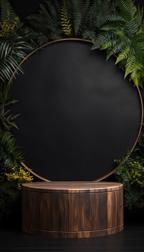 A wooden podium on a black background with tropical foliage