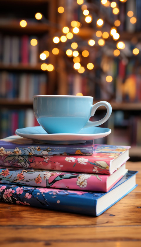 A cup of coffee on books is placed on a wooden table