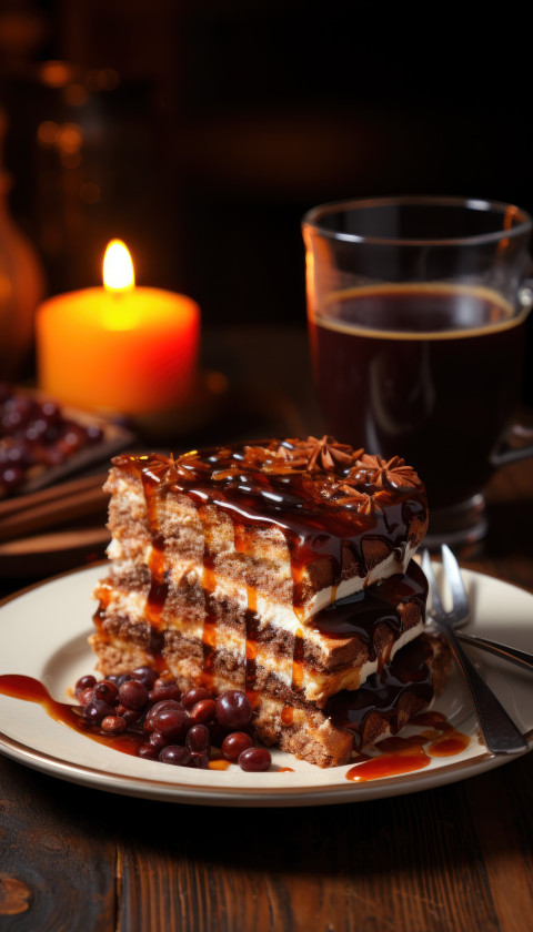 Cake slice and coffee on a plate