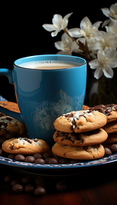 A photo showcasing a cup of coffee alongside cookies placed on a plate