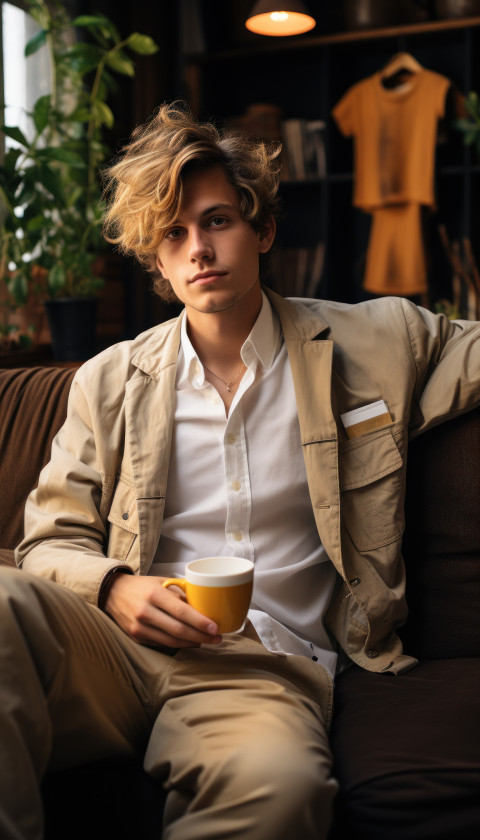 A boy relaxing on a couch at home sipping coffee