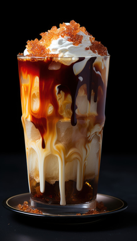 Glass iced coffee with caramel topping on black background